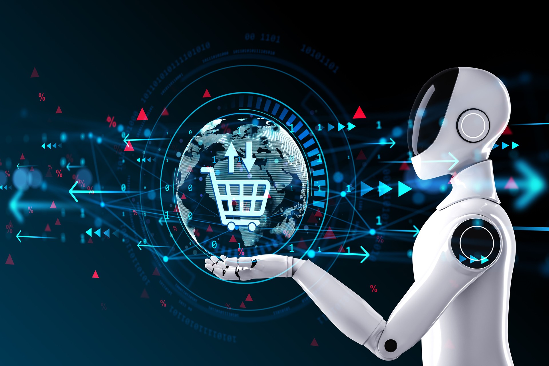 Futuristic humanoid robot presenting a digital ecommerce icon with global network symbols on dark cyber background representing innovation in AI tech. 3D Rendering